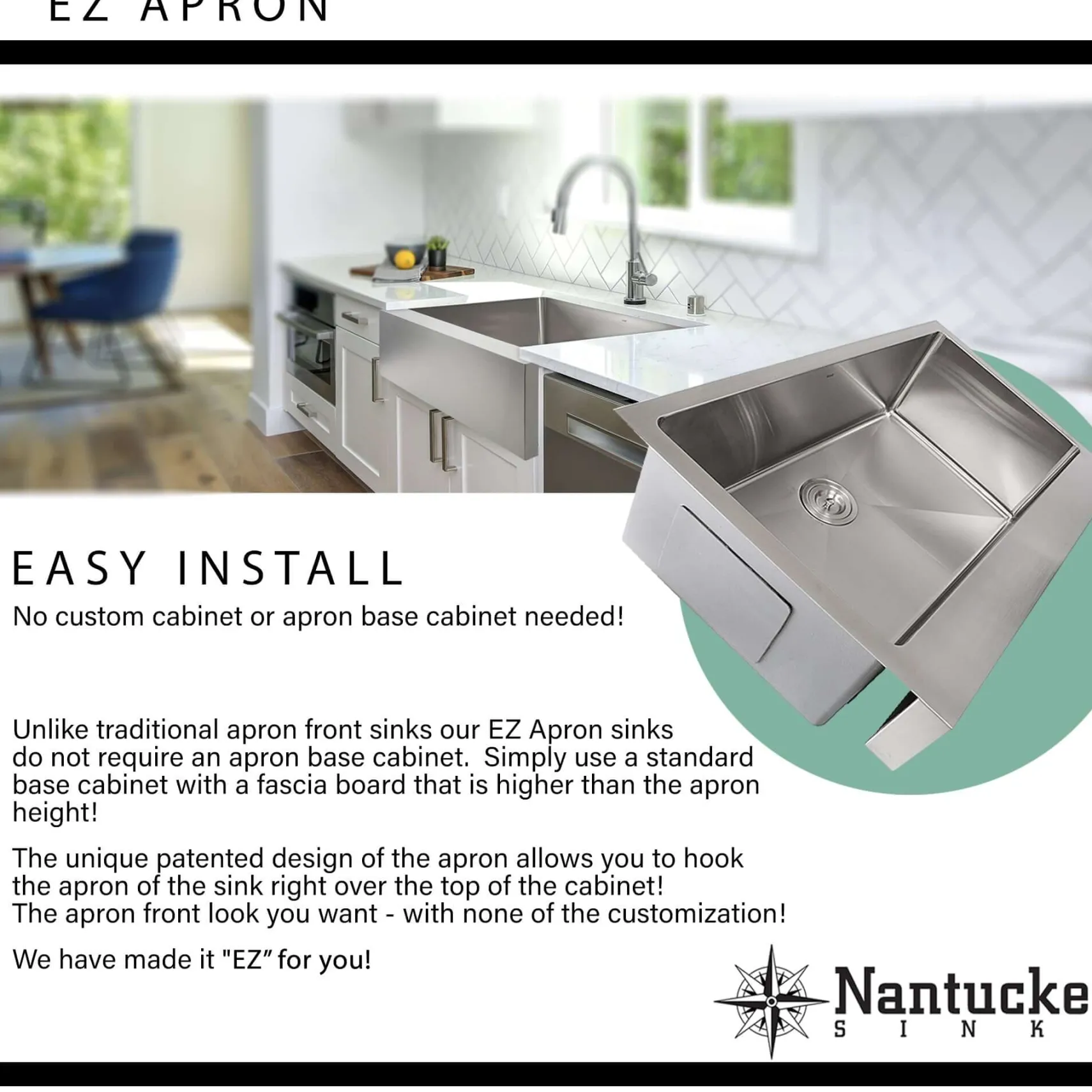 Nantucket Sinks Pro Series 33" 304 Stainless Steel Retrofit Farmhouse Sink with Accessories, EZApron33-9