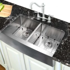Nantucket Sinks Pro Series 33" Stainless Steel Farmhouse Sink, 16 Gauge, Double Bowl, APRON332210-DBL-SR