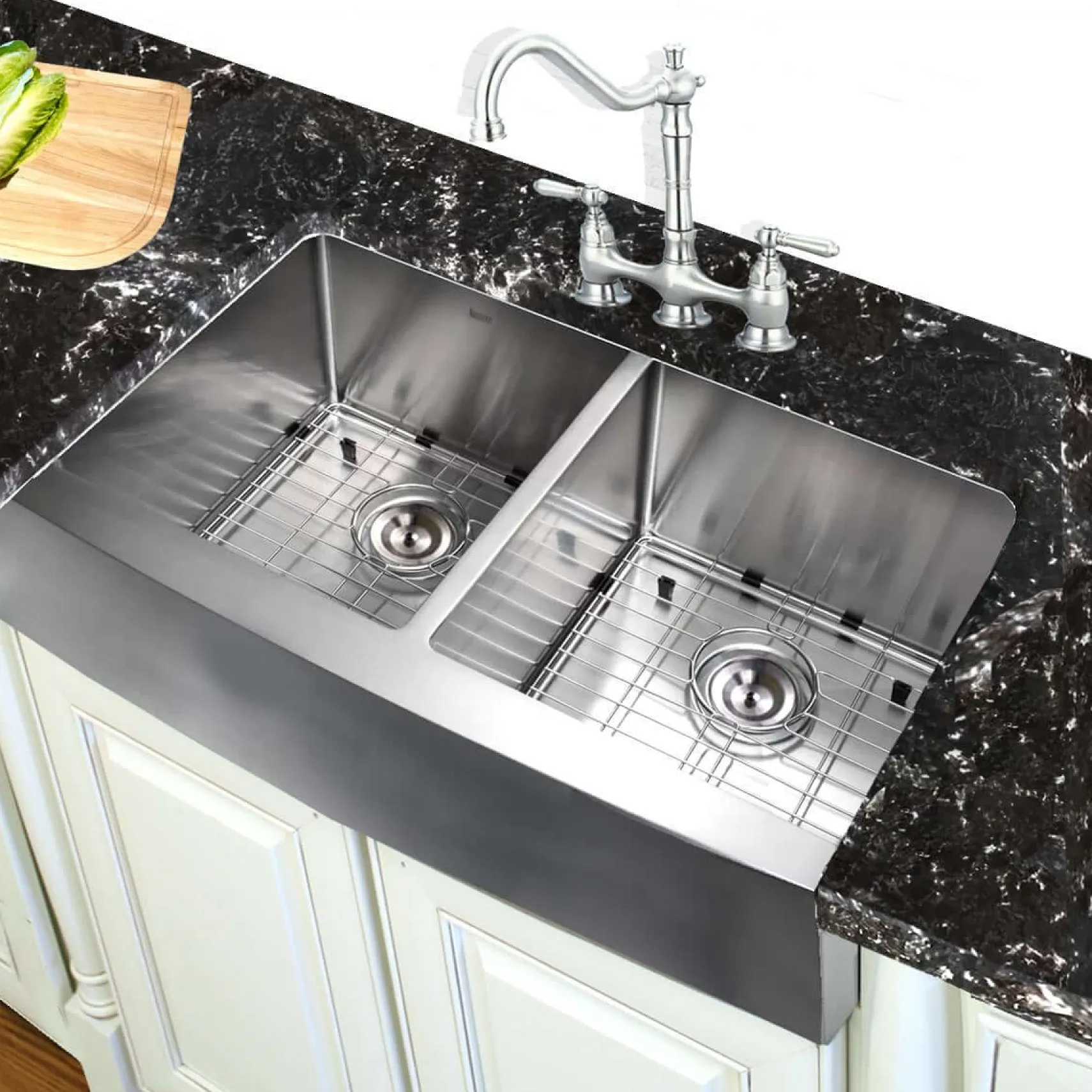Nantucket Sinks Pro Series 33" Stainless Steel Farmhouse Sink, 16 Gauge, Double Bowl, APRON332210-DBL-SR