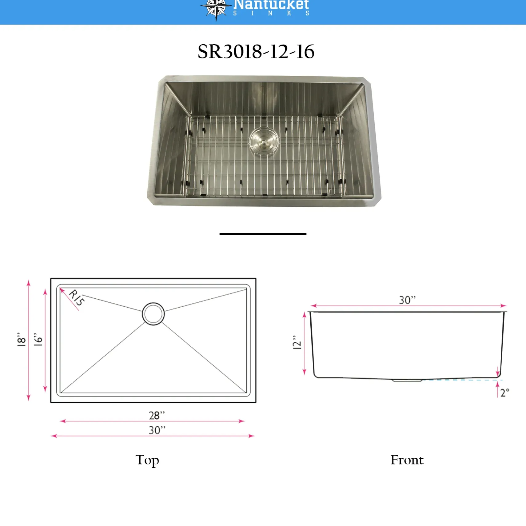 Nantucket Sinks Pro Series 30" Undermount 304 Stainless Steel Kitchen Sink, SR3018-12-16