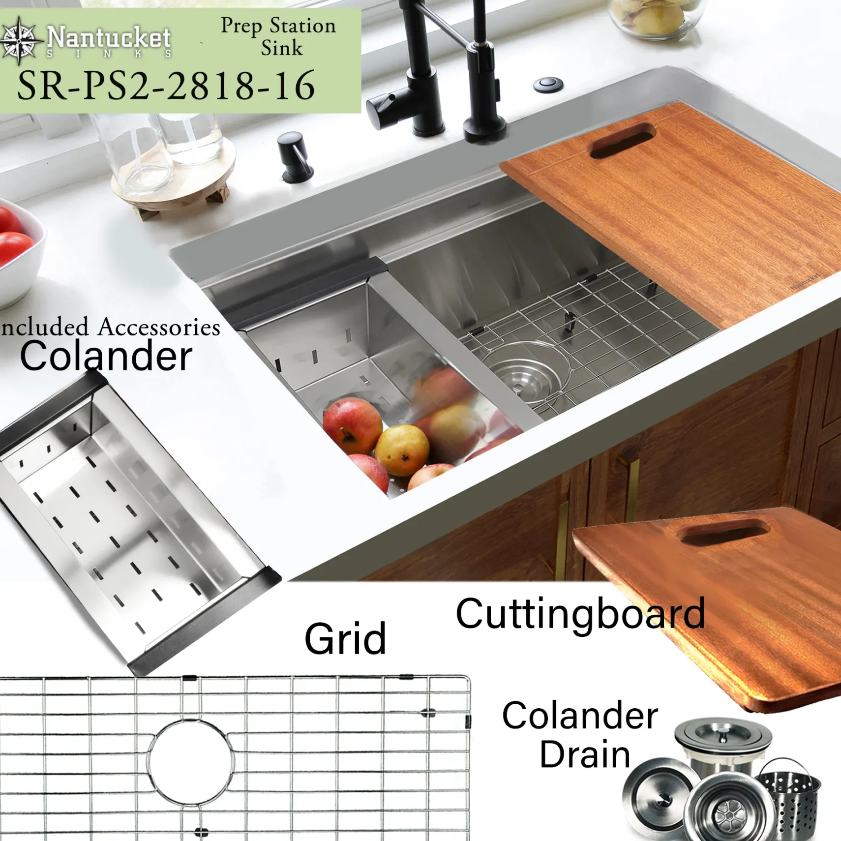 Nantucket Sinks Pro Series 28" Undermount 304 Stainless Steel Kitchen Sink with Accessories, 16 Gauge, SR-PS2-2818-16