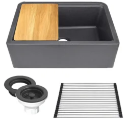 Nantucket Sinks Rockport 30" Granite Composite Workstation Farmhouse Sink with Accessories, Black, PR3020-APS-BL