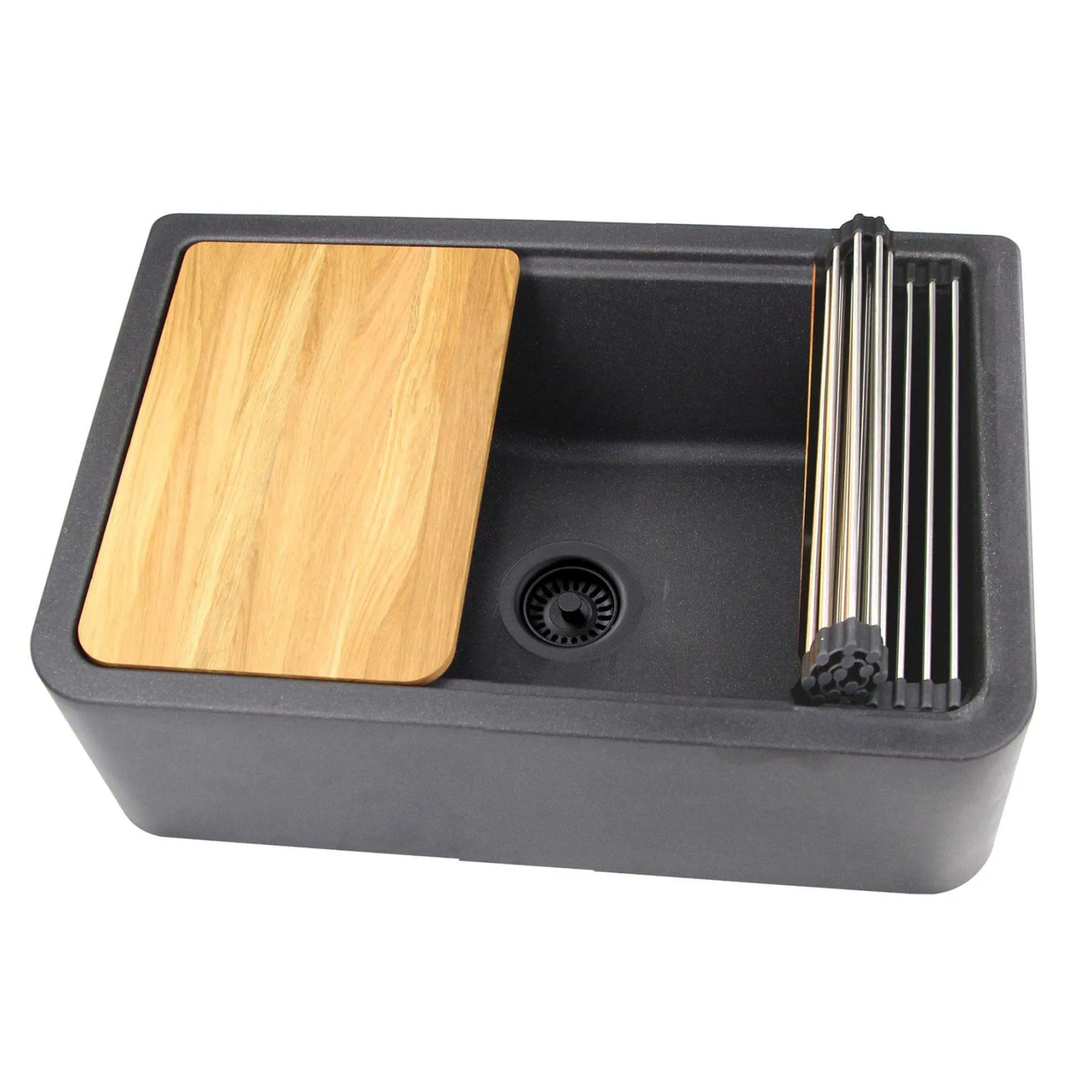 Nantucket Sinks Rockport 30" Granite Composite Workstation Farmhouse Sink with Accessories, Black, PR3020-APS-BL