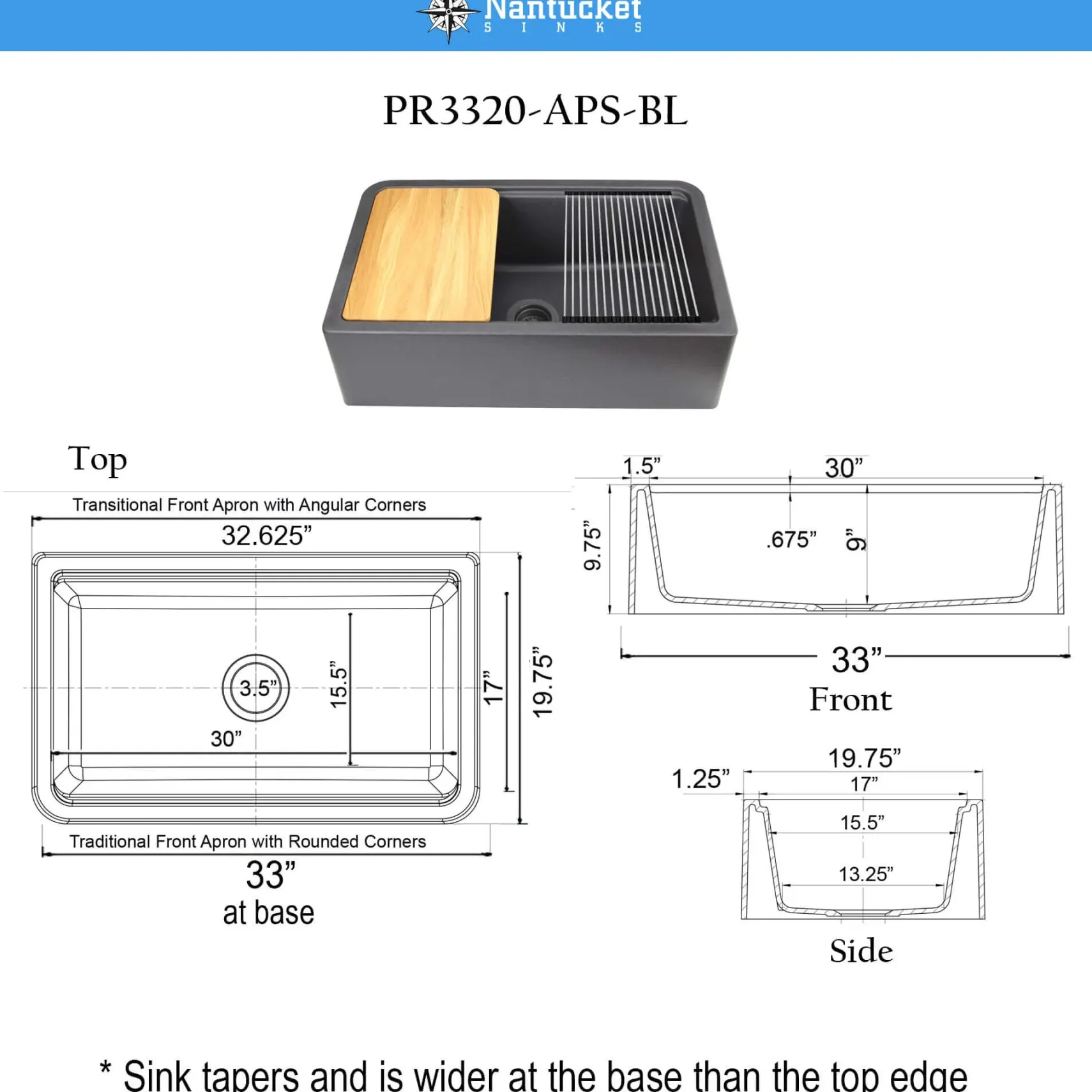Nantucket Sinks Rockport 30" Granite Composite Workstation Farmhouse Sink with Accessories, Black, PR3020-APS-BL