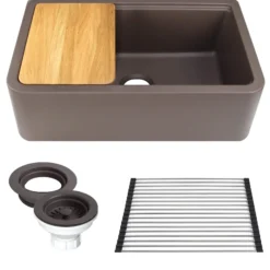 Nantucket Sinks Rockport 33" Granite Composite Workstation Farmhouse Sink with Accessories, Brown, PR3320-APS-BR