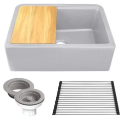 Nantucket Sinks Rockport 30" Granite Composite Workstation Farmhouse Sink with Accessories, Light Grey, PR3020-APS-G