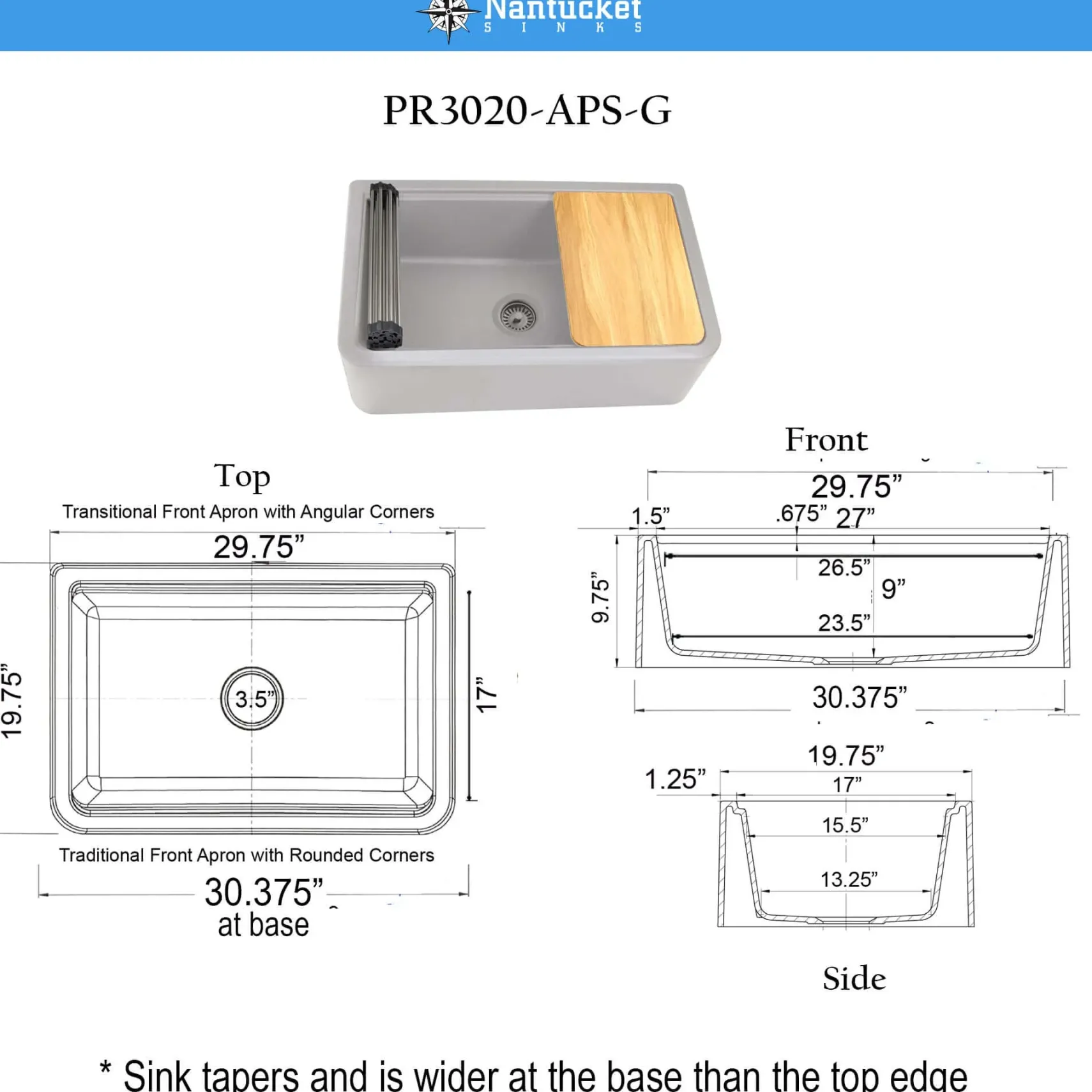 Nantucket Sinks Rockport 30" Granite Composite Workstation Farmhouse Sink with Accessories, Light Grey, PR3020-APS-G