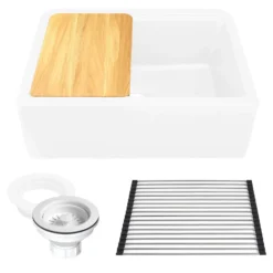 Nantucket Sinks Rockport 30" Granite Composite Workstation Farmhouse Sink with Accessories, White, PR3020-APS-W