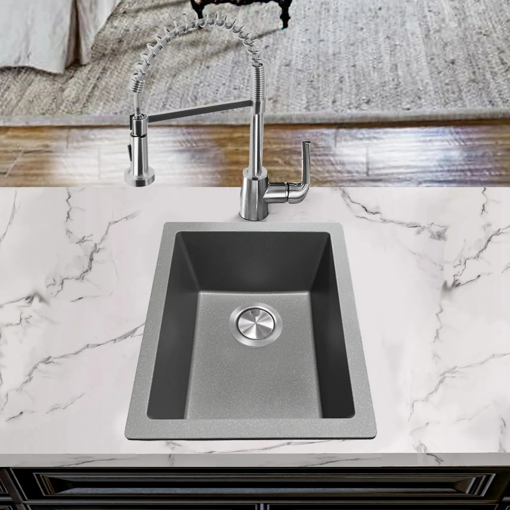 Nantucket Sinks Rockport 15" Rectangle Granite Composite Bar/Kitchen Sink with Accessories, Titanium Grey, PR1815-TI