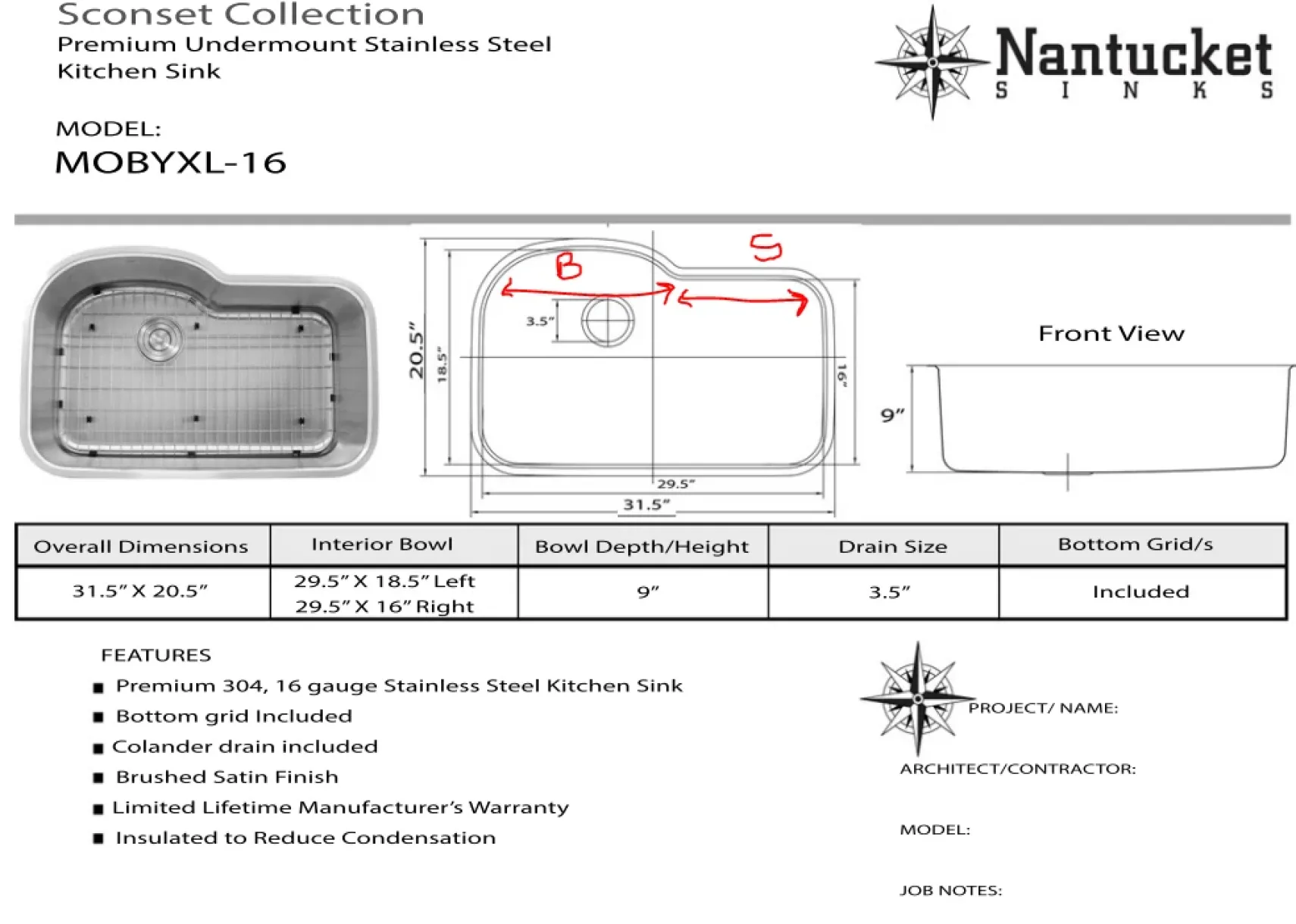 Nantucket Sinks Sconset 32" Stainless Steel Kitchen Sink, 16 Gauge, MOBYXL-16