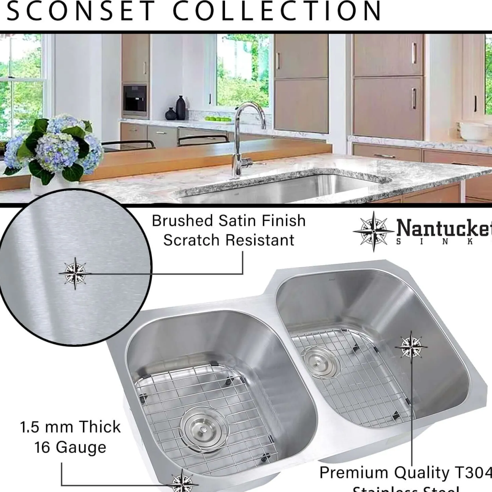 Nantucket Sinks Sconset 32" Stainless Steel Kitchen Sink, 16 Gauge, MOBYXL-16