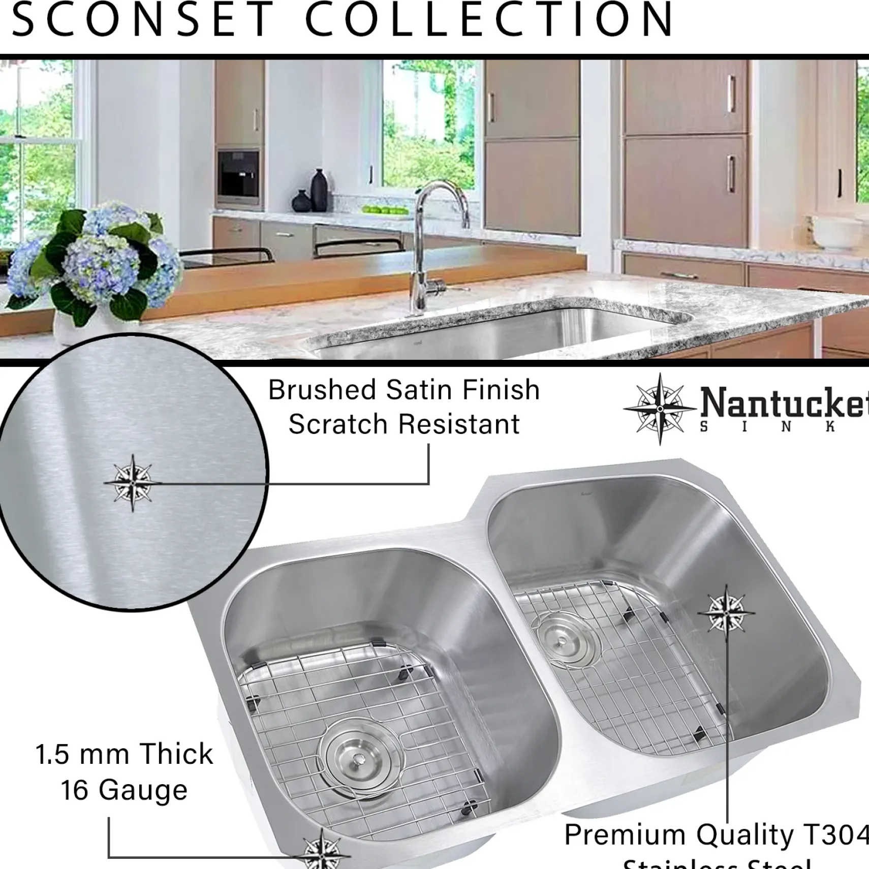 Nantucket Sinks Sconset 23" Stainless Steel Kitchen Sink, 16 Gauge, NS09i-16