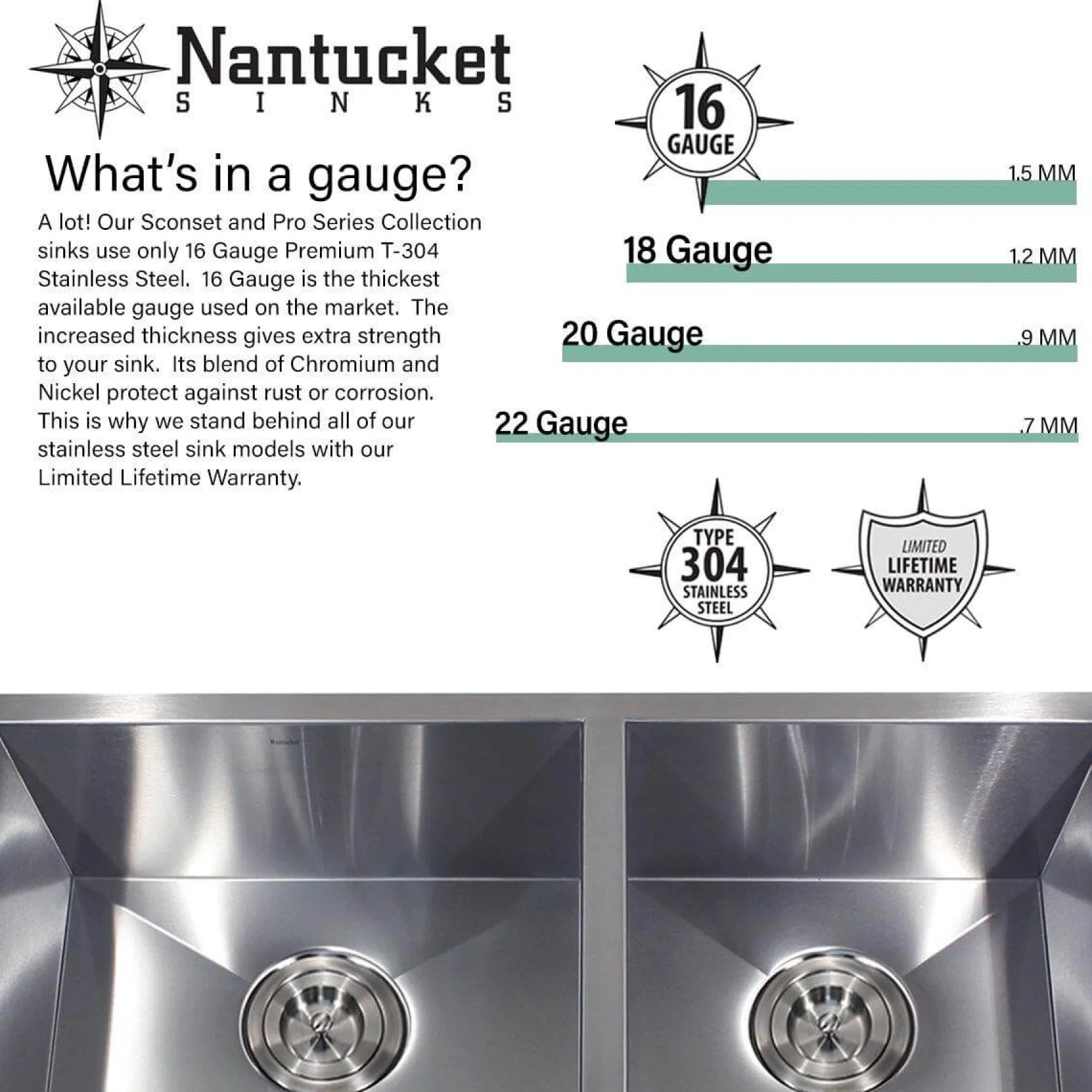 Nantucket Sinks Sconset 30" Undermount 304 Stainless Steel Kitchen Sink with Accessories, 16 Gauge, NS3018-10-16