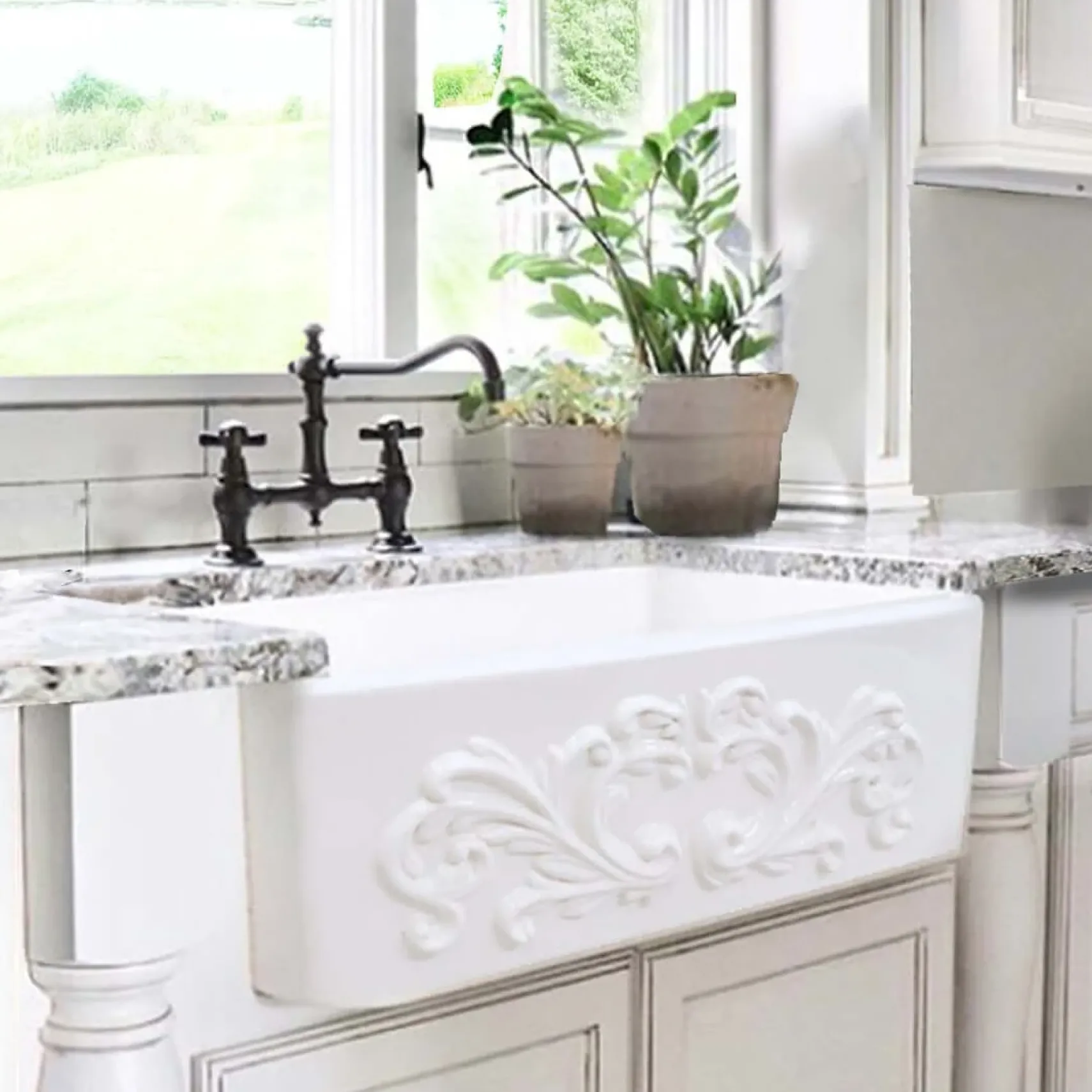Nantucket Sinks Vineyard 33" Fireclay Farmhouse Sink, White, FCFS3320S-Filigree