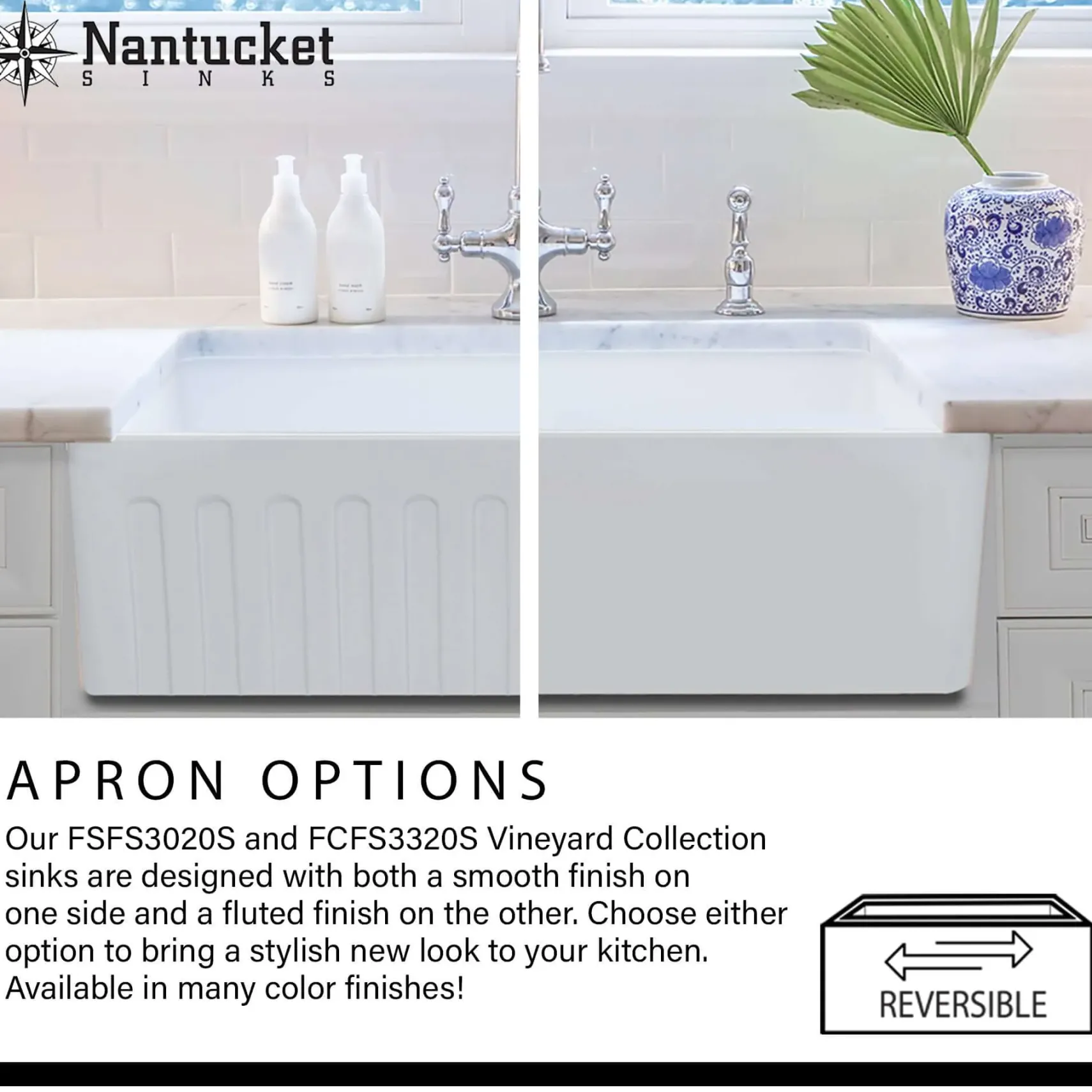 Nantucket Sinks Vineyard 33" Fireclay Farmhouse Sink, White, FCFS3320S-Filigree