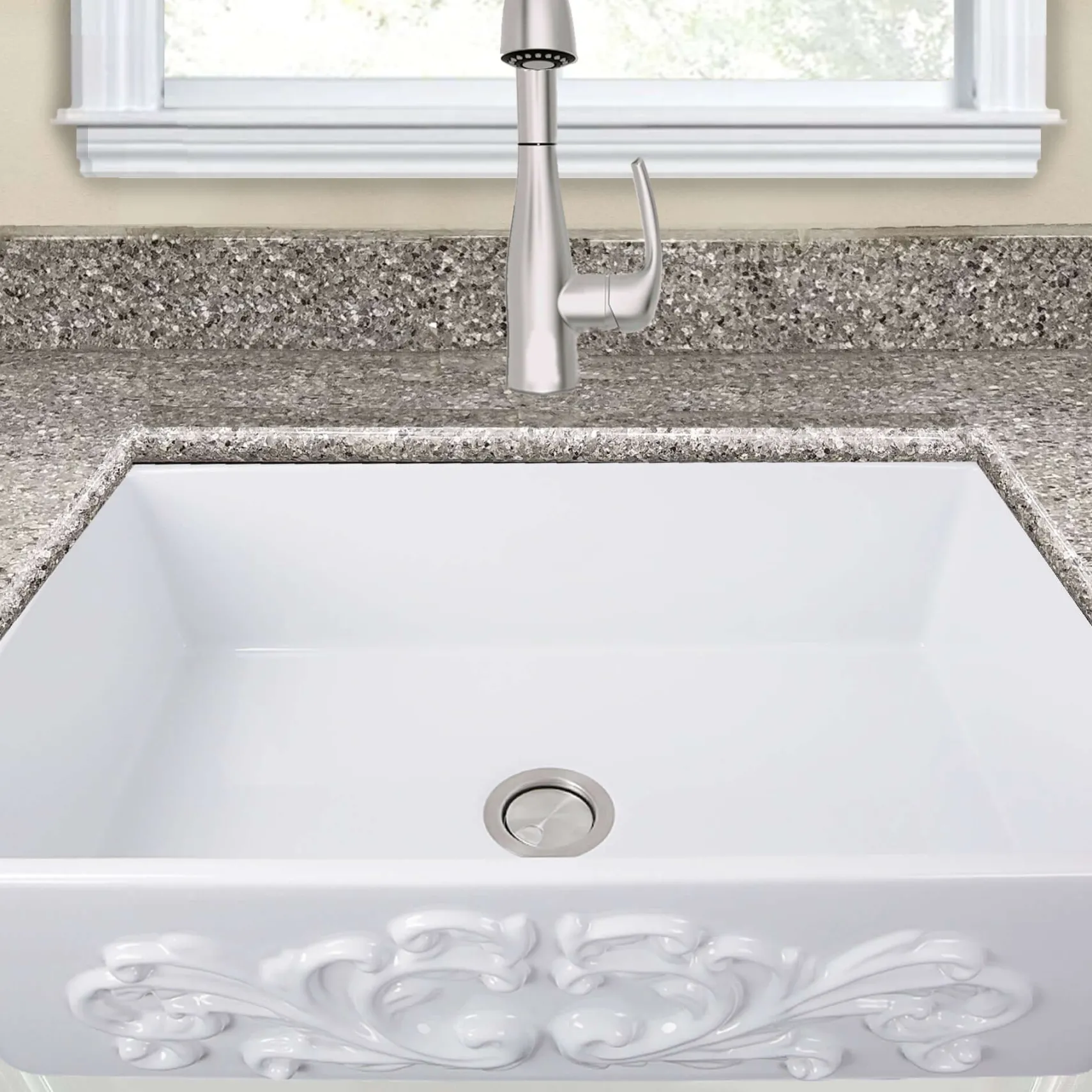 Nantucket Sinks Vineyard 33" Fireclay Farmhouse Sink, White, FCFS3320S-Filigree
