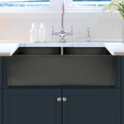 Nantucket Sinks Vineyard 33" Fireclay Farmhouse Sink, Double Bowl, Gray, FCFS3318D-Concrete