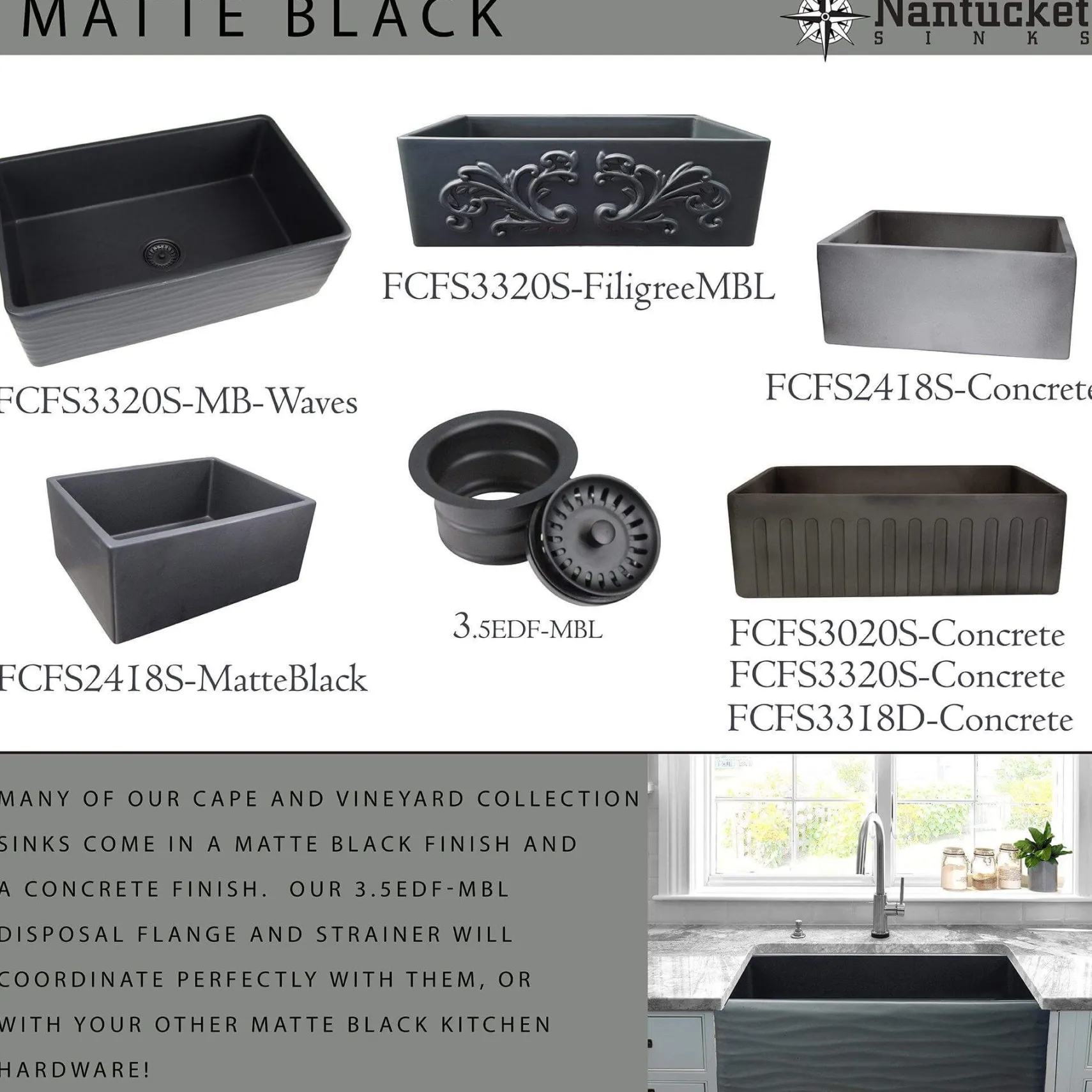 Nantucket Sinks Vineyard 33" Fireclay Farmhouse Sink, Matte Black, FCFS3320S-MB-Waves