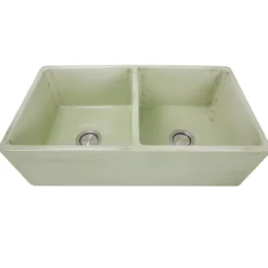 Nantucket Sinks Vineyard 33" Fireclay Farmhouse Sink, Double Bowl, Light Green, FCFS3318D-ShabbyGreen