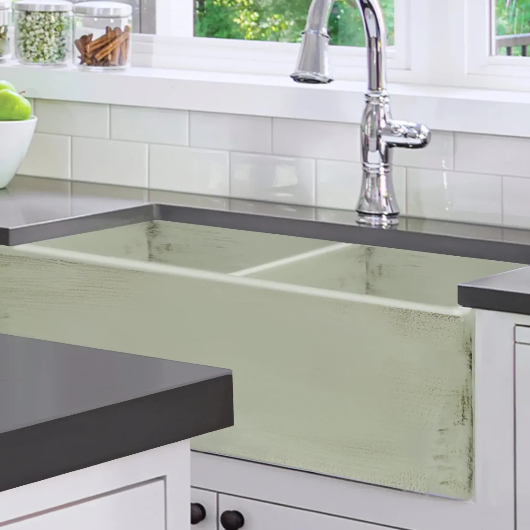 Nantucket Sinks Vineyard 33" Fireclay Farmhouse Sink, Double Bowl, Light Green, FCFS3318D-ShabbyGreen
