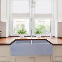Nantucket Sinks Vineyard 33" Fireclay Farmhouse Sink, Double Bowl, Light Blue, FCFS3318D-ShabbySugar