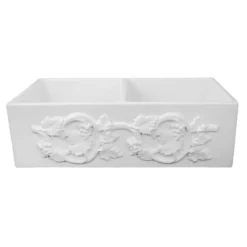 Nantucket Sinks Vineyard 33" Fireclay Farmhouse Sink with Accessories, 50/50 Double Bowl, White, FCFS3318D-Grapes