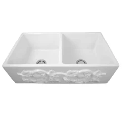 Nantucket Sinks Vineyard 33" Fireclay Farmhouse Sink with Accessories, 50/50 Double Bowl, White, FCFS3318D-Grapes