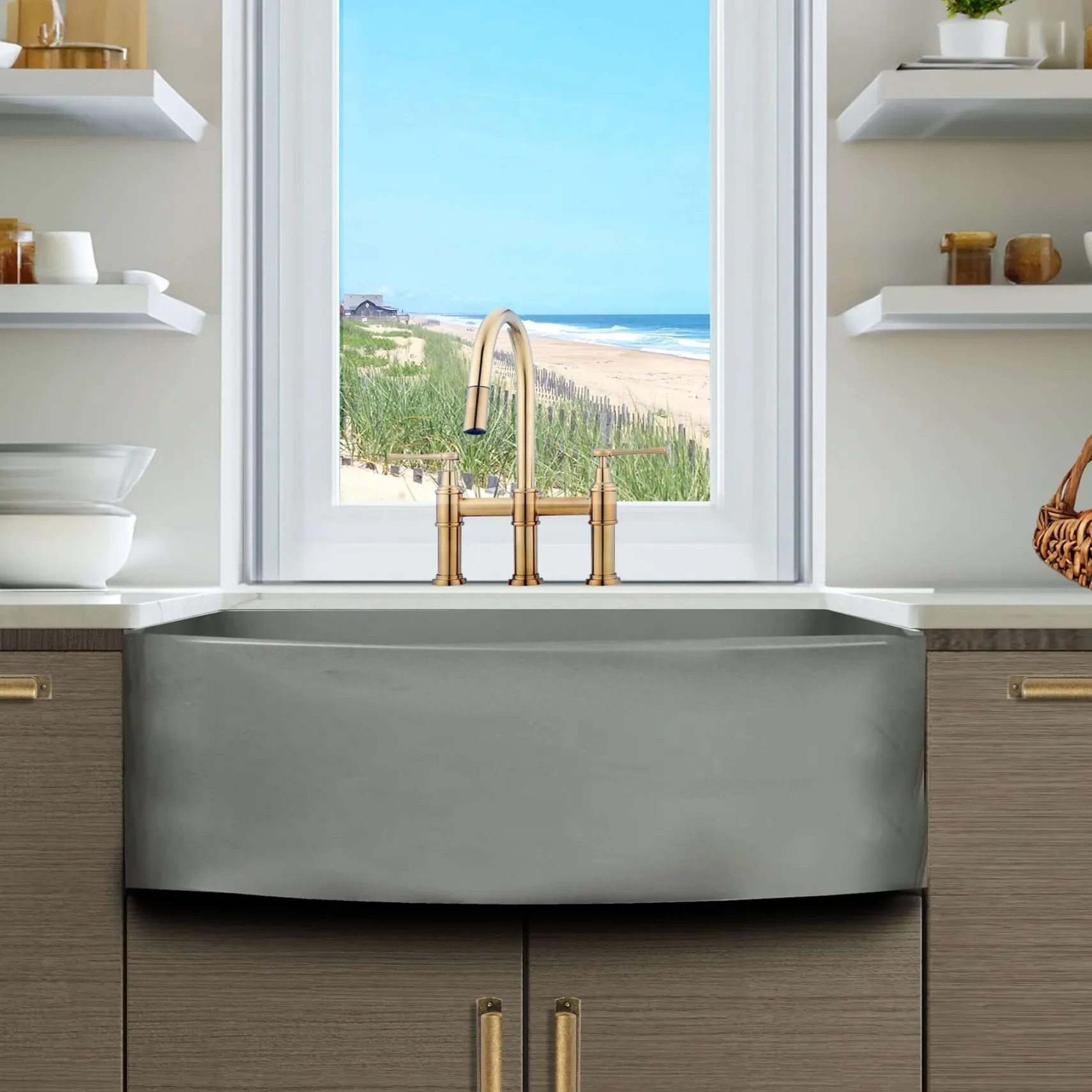 Nantucket Sinks Vineyard 33" Fireclay Farmhouse Sink with Accessories, Concrete, FCFS3320CA-C