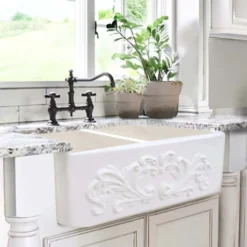 Nantucket Sinks Vineyard 33" Fireclay Farmhouse Sink, Double Bowl, White, FCFS3318D-Filigree