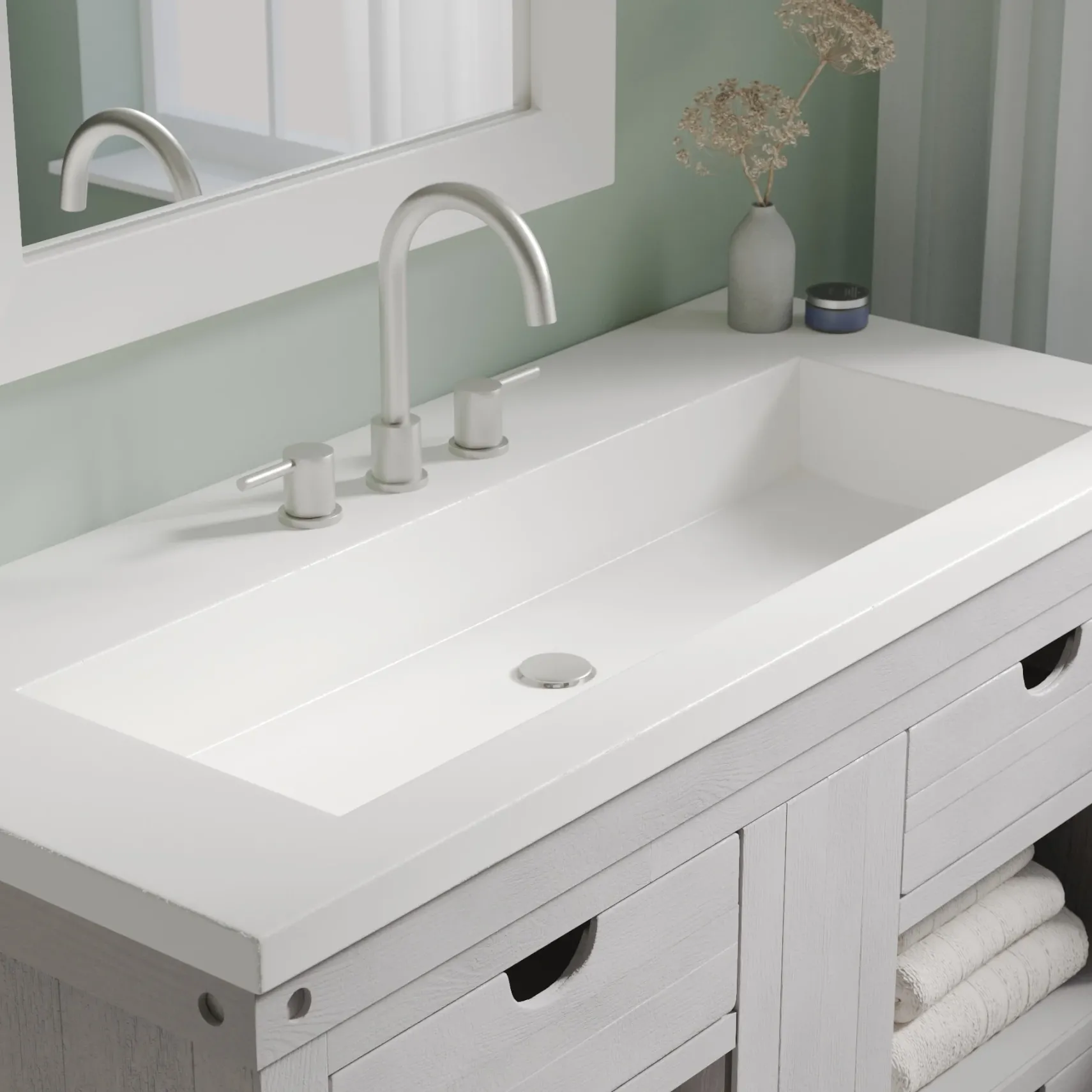 Native Trails 48" Capistrano ADA Vanity Top with Integral Trough Sink in Pearl, 8" Widespread Faucet Cutout, NSVT48-P