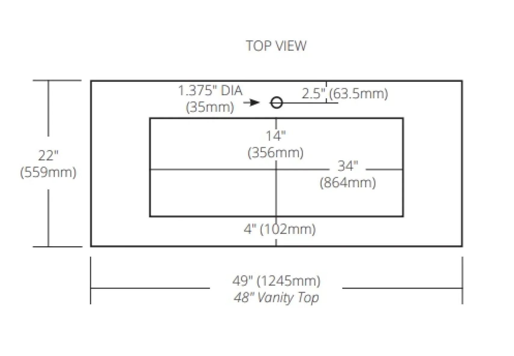 Native Trails 48" Carrara Vanity Top, 34x14 Cutout for Trough with Single or No Faucet Hole, VT48-T3414-CA-1