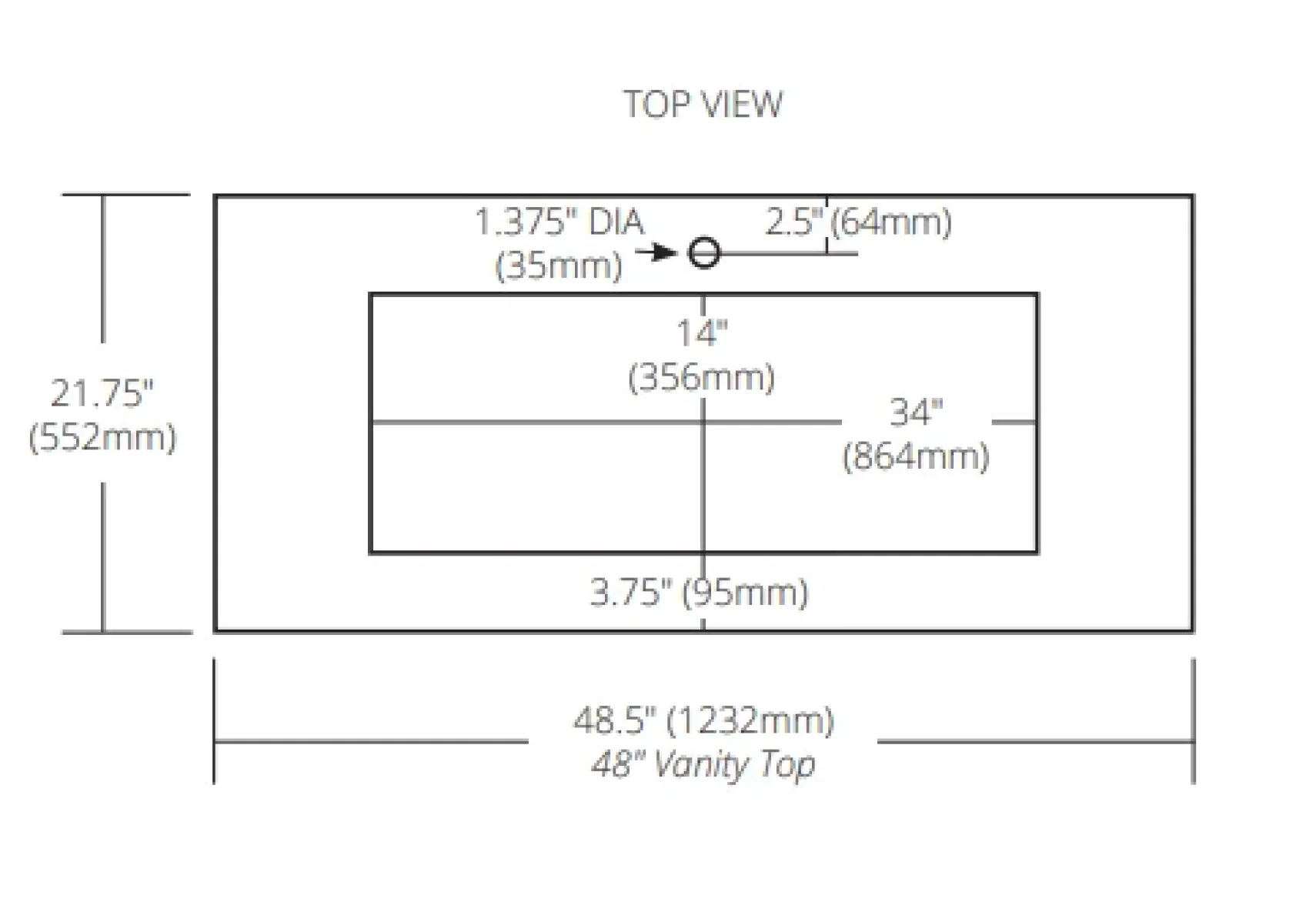 Native Trails 48" NativeStone Vanity Top, Ash, 34x14 Cutout for Trough with Single or No Faucet Hole, VT48-T3414-A-1