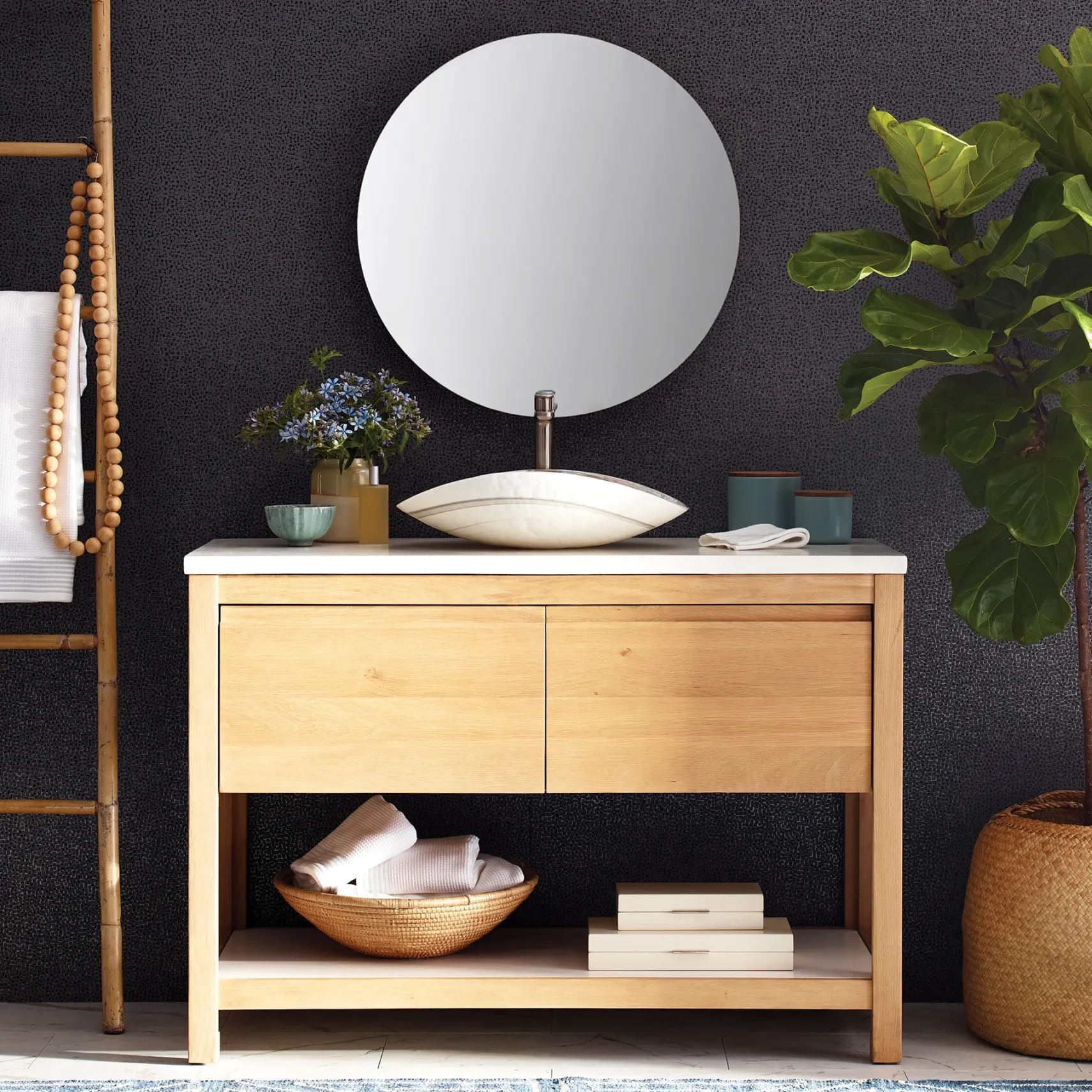 Native Trails 48" Solace Freestanding Vanity Base in Sunrise Oak with Pearl Shelf, VNO481-P