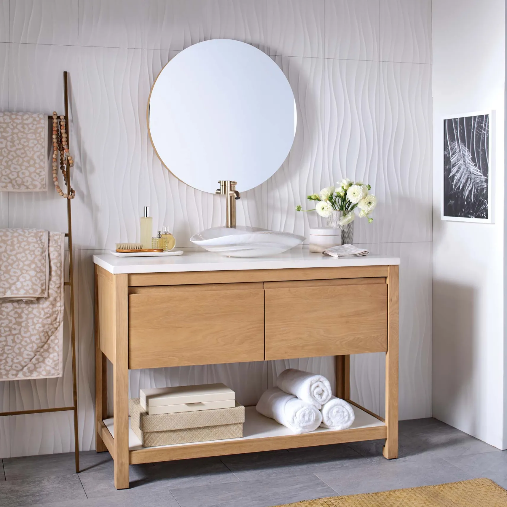 Native Trails 48" Solace Freestanding Vanity Base in Sunrise Oak with Pearl Shelf, VNO481-P