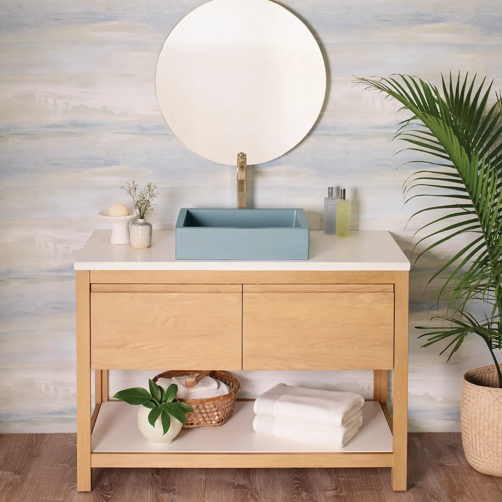 Native Trails 48" Solace Freestanding Vanity Base in Sunrise Oak with Pearl Shelf, VNO481-P