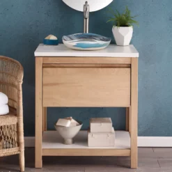 Native Trails 30" Solace Freestanding Vanity Base in Sunrise Oak with Pearl Shelf, VNO301-P