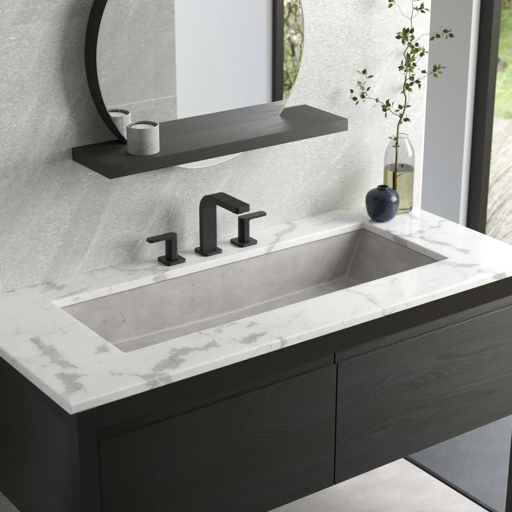 Native Trails Arcata 37" x 15" Rectangle Undermount NativeStone Concrete Bathroom Sink, Ash, NSL3715-A
