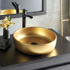 Native Trails Bliss 16" x 16" Round Vessel Fireclay Bathroom Sink, Matte Gold, PML1616-G