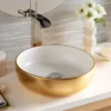 Native Trails Bliss 16" x 16" Round Vessel Fireclay Bathroom Sink, Matte Gold/White, PML1616-GW