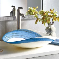 Native Trails Murano 20" x 17" Asymmetrical Rounded Curve-Shaped Vessel Glass Bathroom Sink, Marina, MG2017-MA