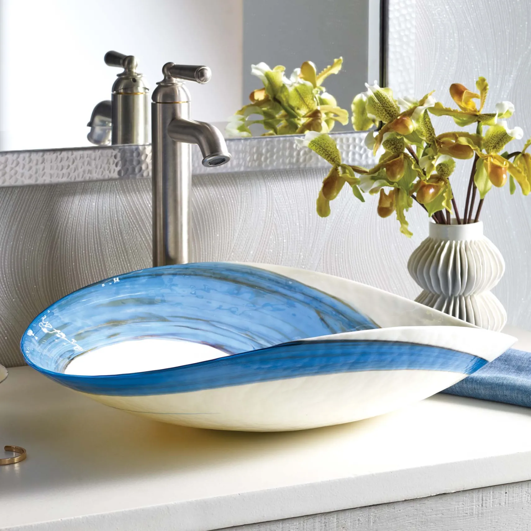 Native Trails Murano 20" x 17" Asymmetrical Rounded Curve-Shaped Vessel Glass Bathroom Sink, Marina, MG2017-MA