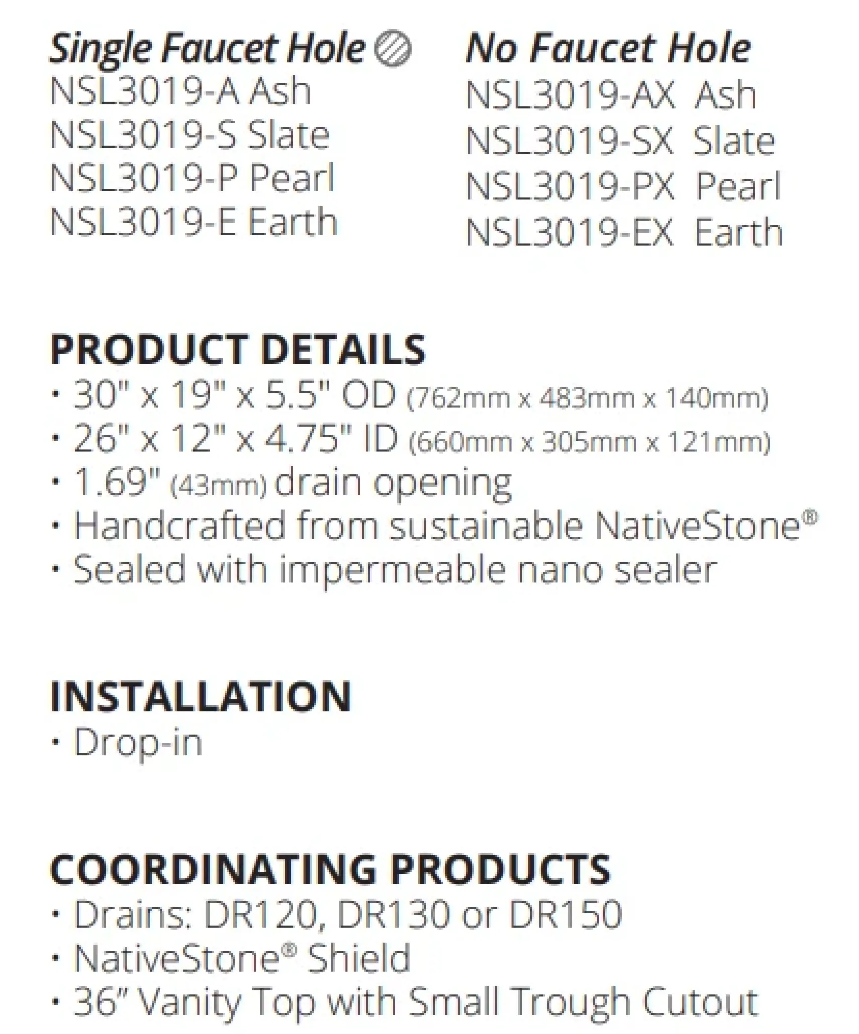 Native Trails Trough 30" Rectangle NativeStone Concrete Bathroom Sink, 1 Faucet Hole, Earth, NSL3019-E