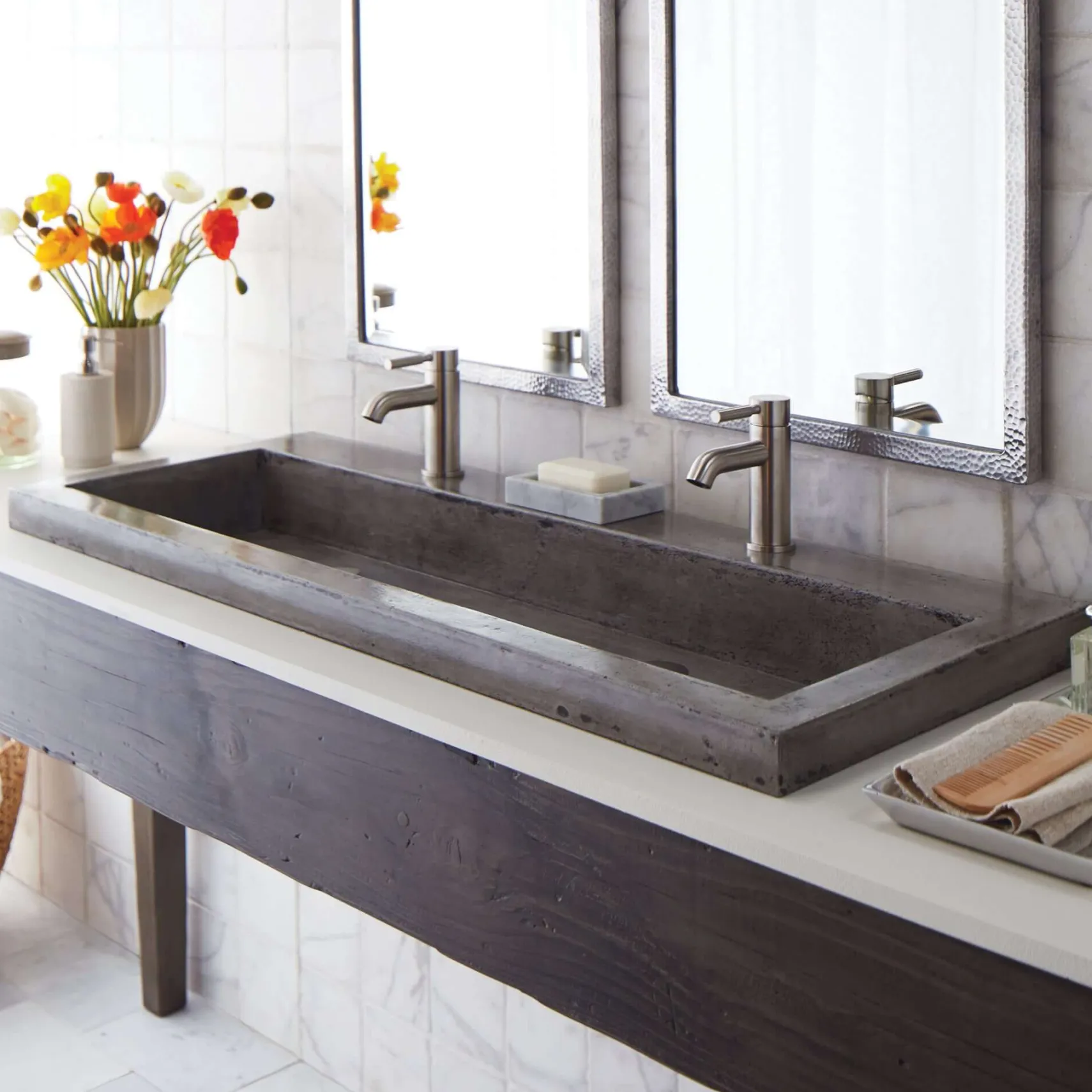 Native Trails Trough 48" Rectangle NativeStone Concrete Bathroom Sink, 2 Faucet Holes, Ash, NSL4819-A