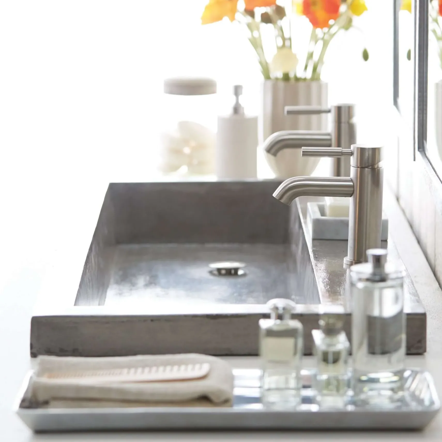 Native Trails Trough 48" Rectangle NativeStone Concrete Bathroom Sink, 2 Faucet Holes, Ash, NSL4819-A