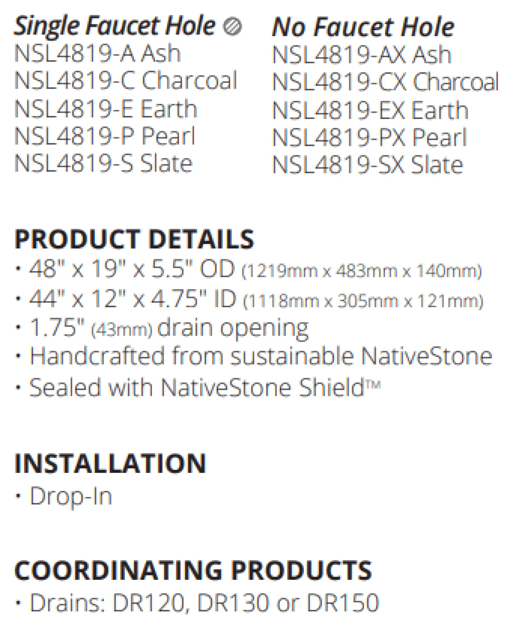 Native Trails Trough 48" Rectangle NativeStone Concrete Bathroom Sink, 2 Faucet Holes, Slate, NSL4819-S