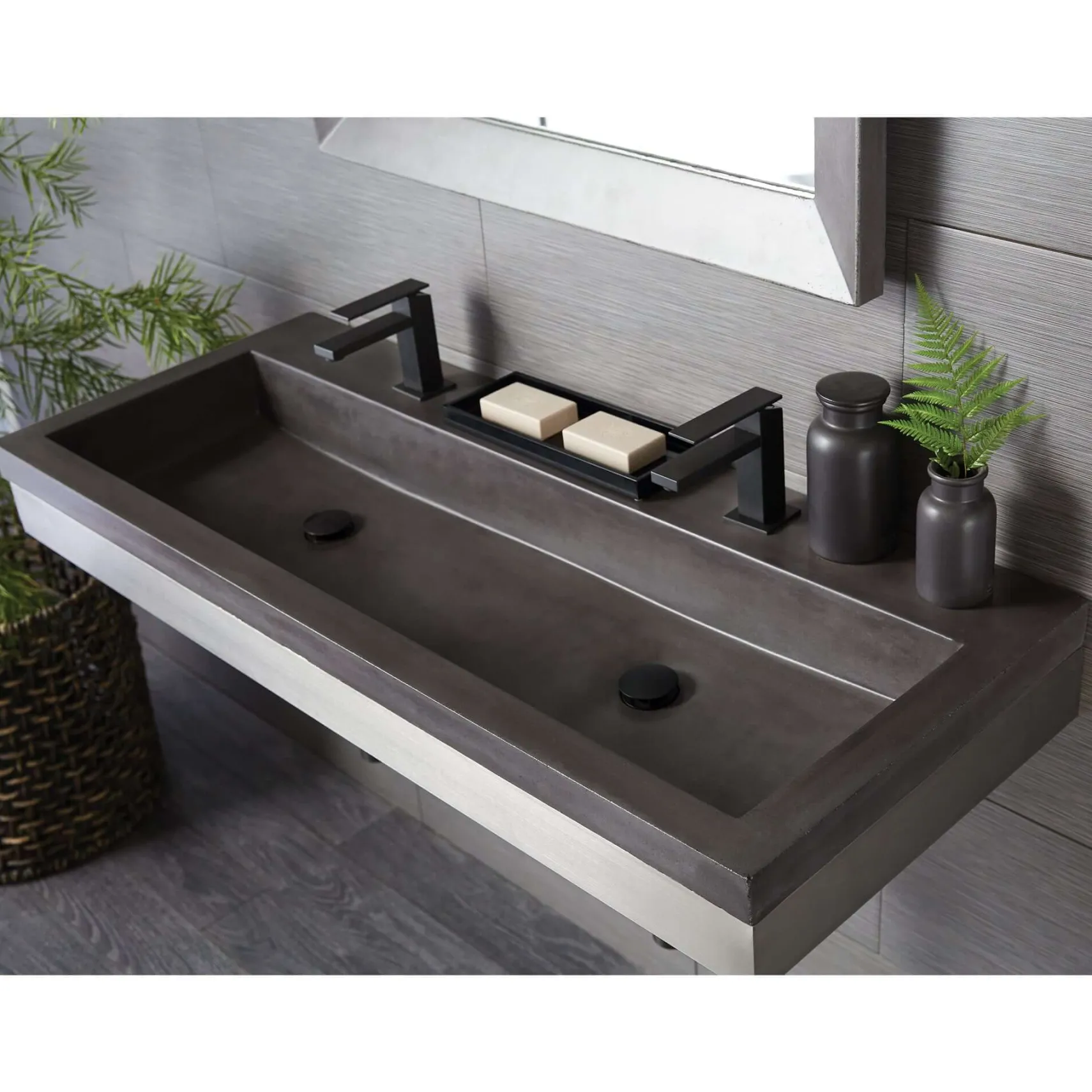 Native Trails Trough 48" Rectangle NativeStone Concrete Bathroom Sink, 2 Faucet Holes, Slate, NSL4819-S