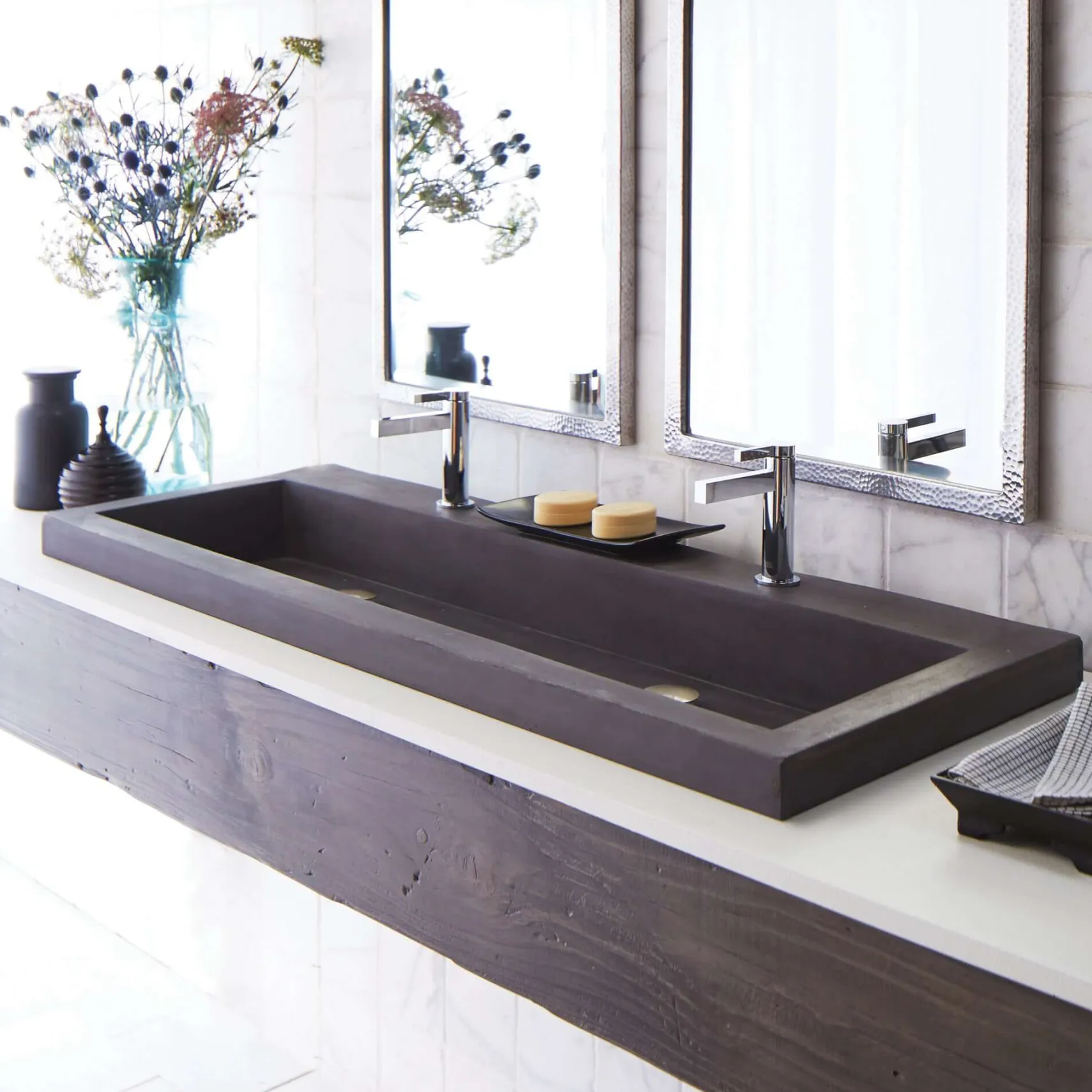 Native Trails Trough 48" Rectangle NativeStone Concrete Bathroom Sink, 2 Faucet Holes, Slate, NSL4819-S