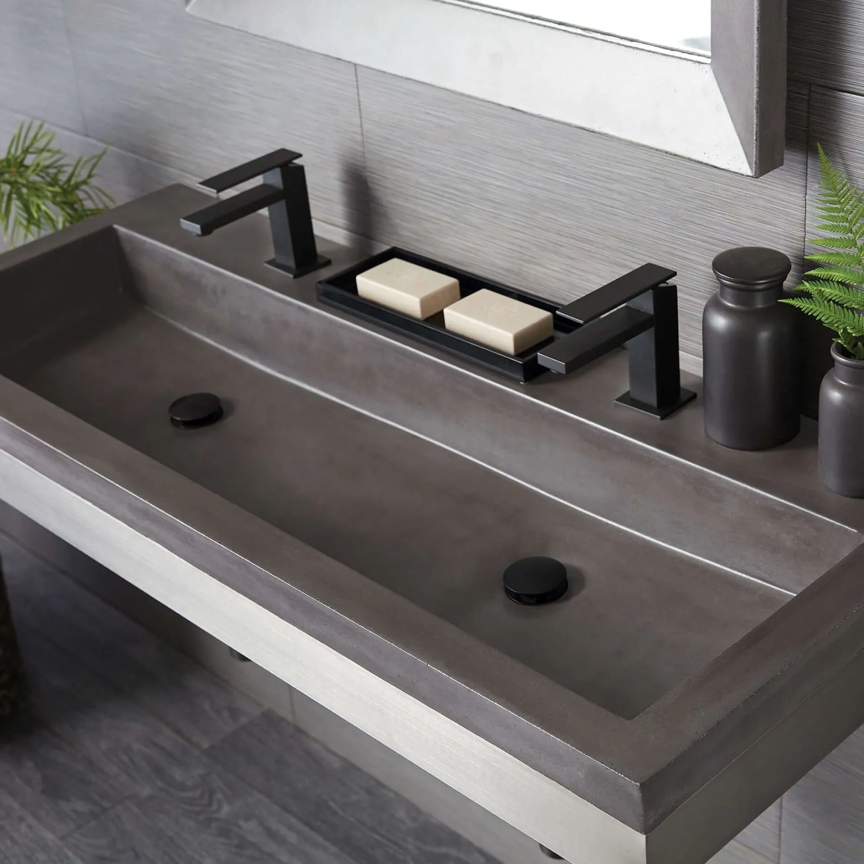 Native Trails Trough 48" Rectangle NativeStone Concrete Bathroom Sink, 2 Faucet Holes, Slate, NSL4819-S