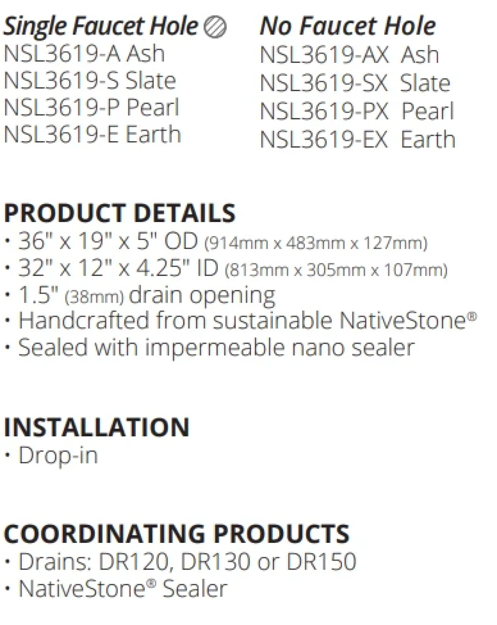 Native Trails Trough 36" Rectangle NativeStone Concrete Bathroom Sink, 1 Faucet Hole, Slate, NSL3619-S