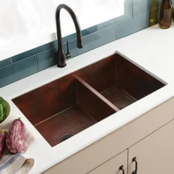 Native Trails Cocina Duet 33" Copper Kitchen Sink, 60/40 Double Bowl, Antique Copper, CPK275